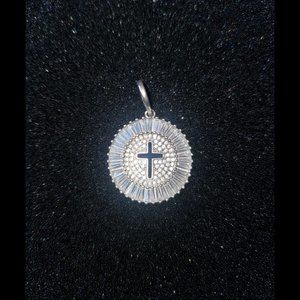 925 Sterling Silver Baguette Round Cubic Zirconia Disc w/Cut-out Cross Pendant